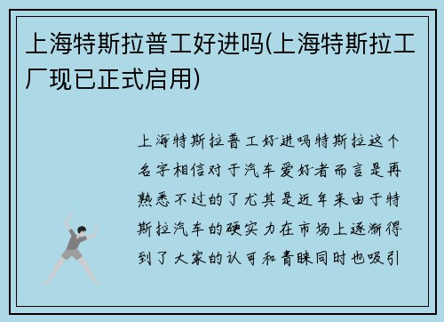 上海特斯拉普工好进吗(上海特斯拉工厂现已正式启用)